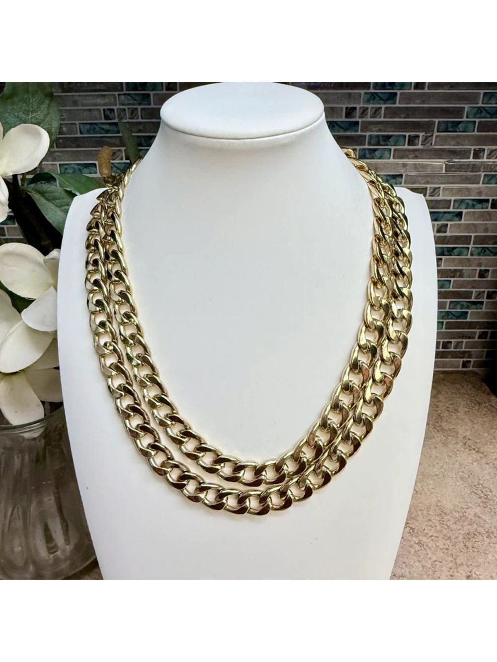Vintage KJL Kenneth Jay Lane Gold Tone Double Strand Curb Chain Necklace Chunky